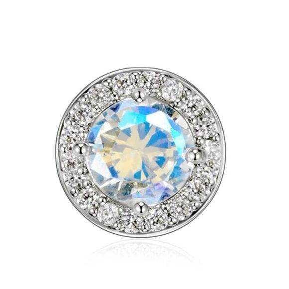 925 Sterling Silver with Aurora Borealis and Diamond CZ Round Halo Stud Earrings - Picture 2 of 6